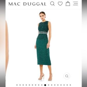 Mac Duggal Deep Emerald Sleeveless High Neck Beaded Midi Sheath Dress. Size 8.
